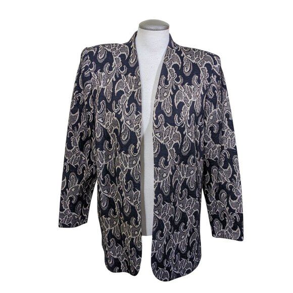 Vintage Blazer Jacket Women 16 Black Gold Metallic Floral Elegant Holidays Event - Picture 1 of 9